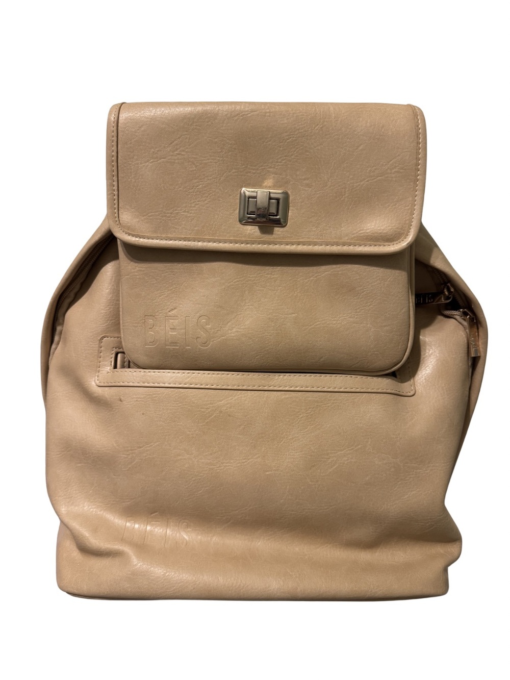 BÉIS 2-in-1 Faux Leather Backpack Tan/Beige Removable Crossbody Pouch - Picture 2 of 5